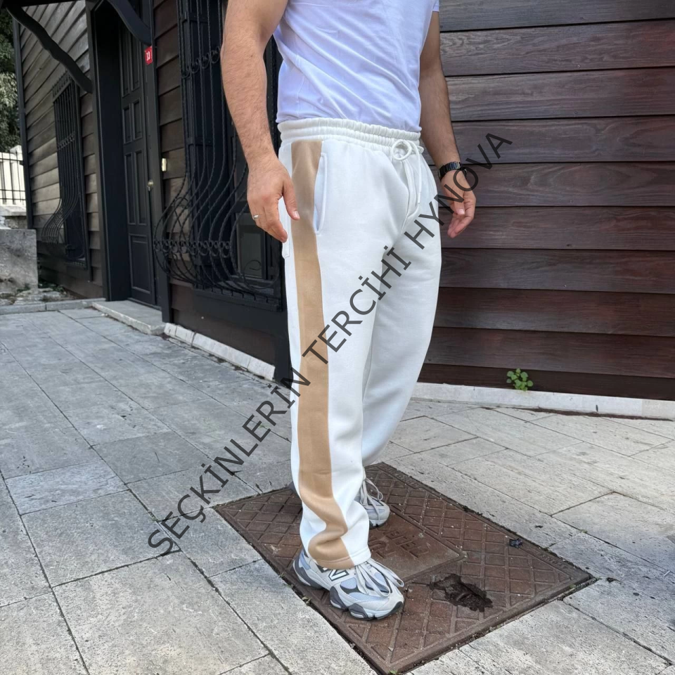 Erkek Üç İplik Kışlık Pamuklu Yandan Garneli Kalın Bej Şeritli Cepli Eşofman Altı - Beyaz