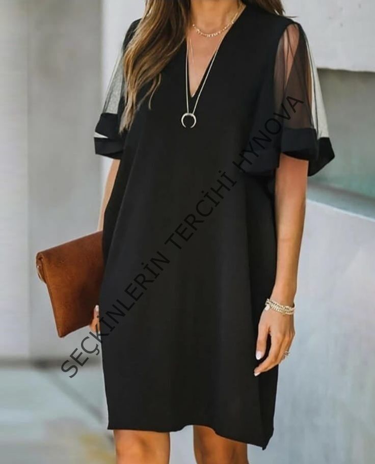 Kadın Tüllü Kısa Kollu V Yaka Krep Elbise