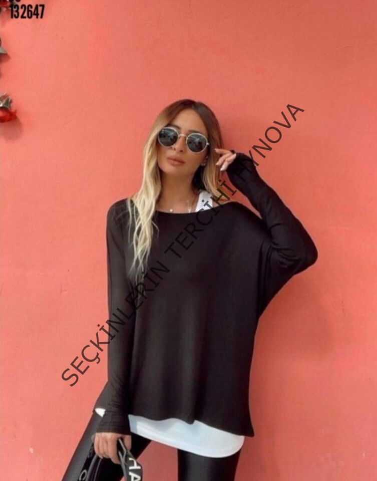 Kadın Uzun Kollu Tek Omuzdan Açık çilek Bluz Ve Viskon Atlet Ikili Takım