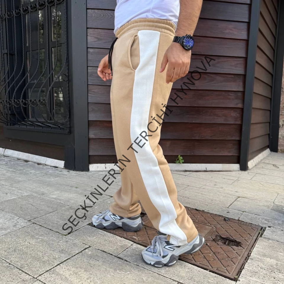 Erkek Üç İplik Kışlık Pamuklu Yandan Garneli Kalın Şeritli Cepli Eşofman Altı - Bej