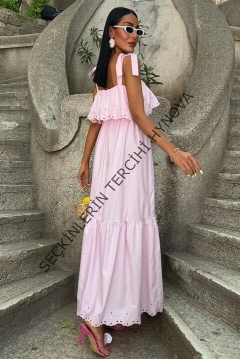 Etek Ucu Brode Nakışlı Boyundan Bağlamalı Elbise 2881