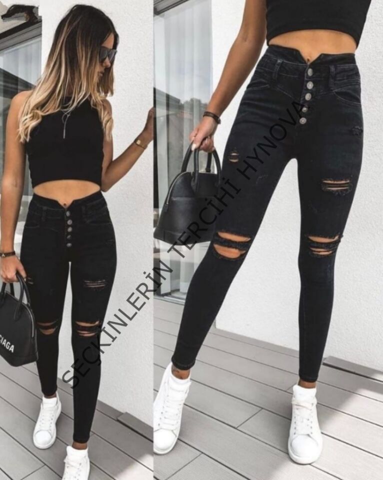 Kadın 5 Düğmeli V Detay Bel Yırtık Kot