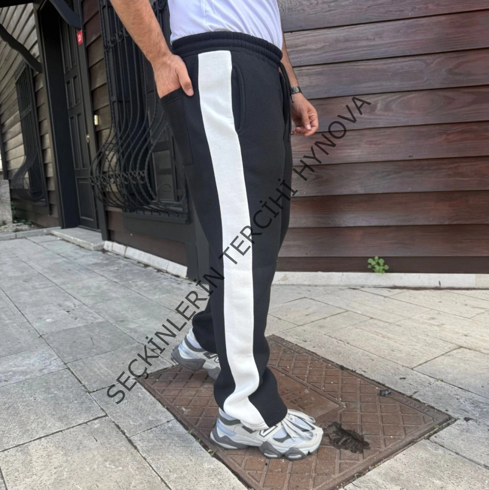 Erkek Üç İplik Kışlık Pamuklu Yandan Garneli Kalın Şeritli Cepli Eşofman Altı - Siyah