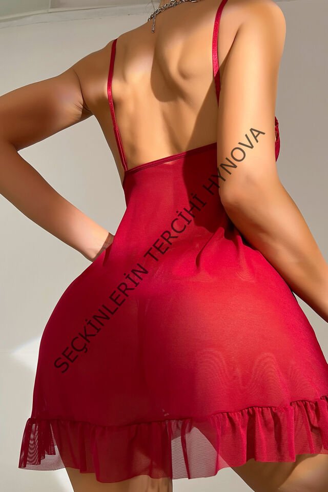 Kadın Bordo Dantelli, Fırfırlı Tül ve Fiyonk Detaylı Tangalı Gecelik Takımı