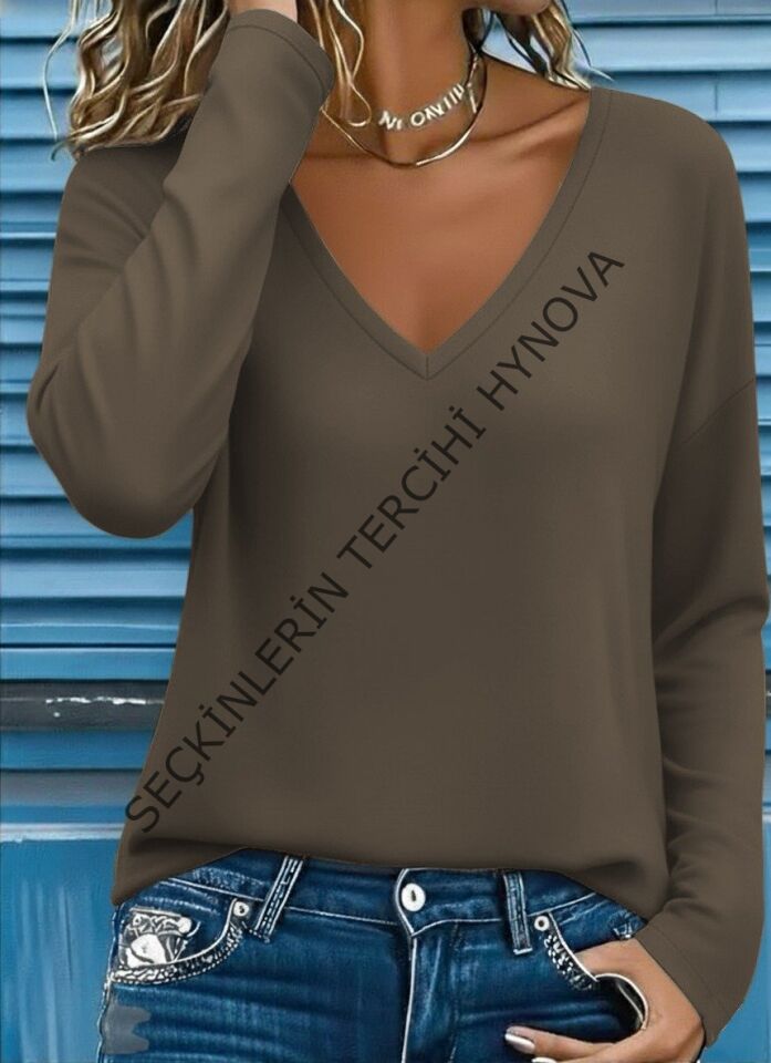 Kadın Uzun Kollu V Yakalı Viskon Iki Iplik Bluz