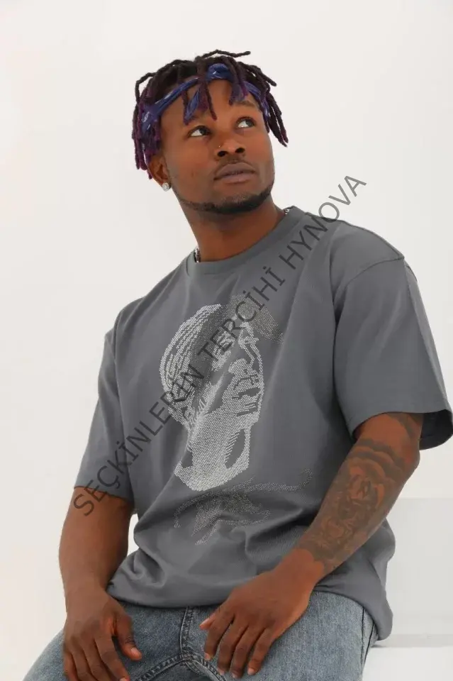 Unisex Oversize Taşlı Bisiklet Yaka T-Shirt - Füme