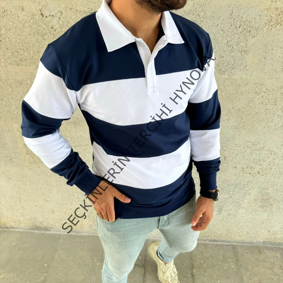 Erkek Polo Yaka Uzun Kollu Çizgili Sweatshirt Trend Rugby Stil - Lacivert