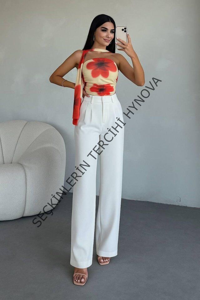 Kadın Yüksek Bel Plise Detay Bol Paça Pantolon