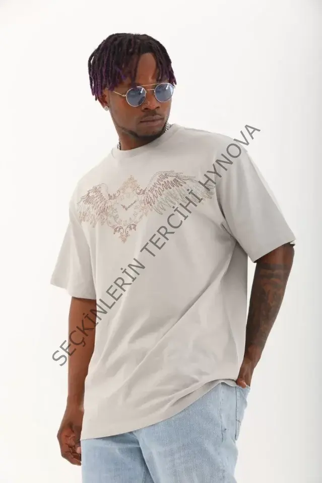 Unisex Oversize Taşlı Bisiklet Yaka T-Shirt - Gri