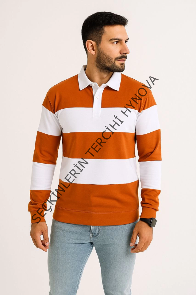 Erkek Polo Yaka Uzun Kollu Çizgili Sweatshirt Trend Rugby Stil - Turuncu