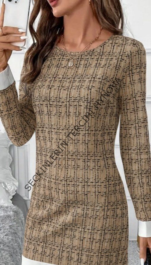 Kadın Uzun Kollu Yuvarlak Yaka Etek Ucu şerit Detaylı Mini Dokuma Elbise