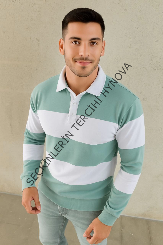 Erkek Polo Yaka Uzun Kollu Çizgili Sweatshirt Trend Rugby Stil - Çağla Yeşili