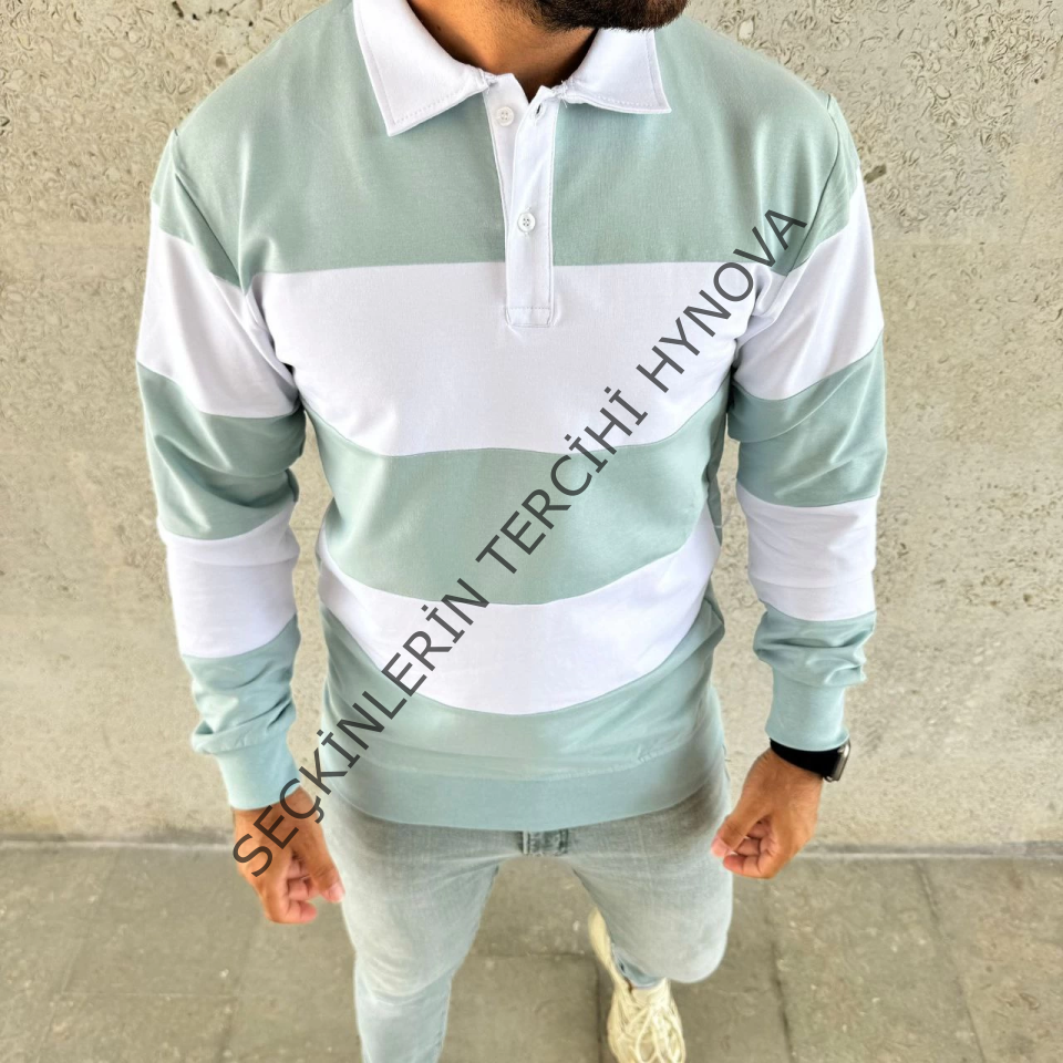 Erkek Polo Yaka Uzun Kollu Çizgili Sweatshirt Trend Rugby Stil - Çağla Yeşili