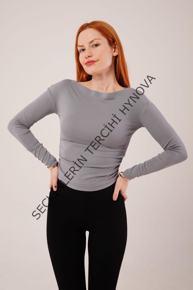 Yaka Detay Uzun Kollu Basic Gri Bluz
