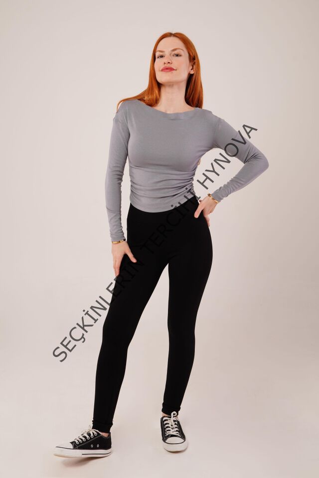 Yaka Detay Uzun Kollu Basic Gri Bluz