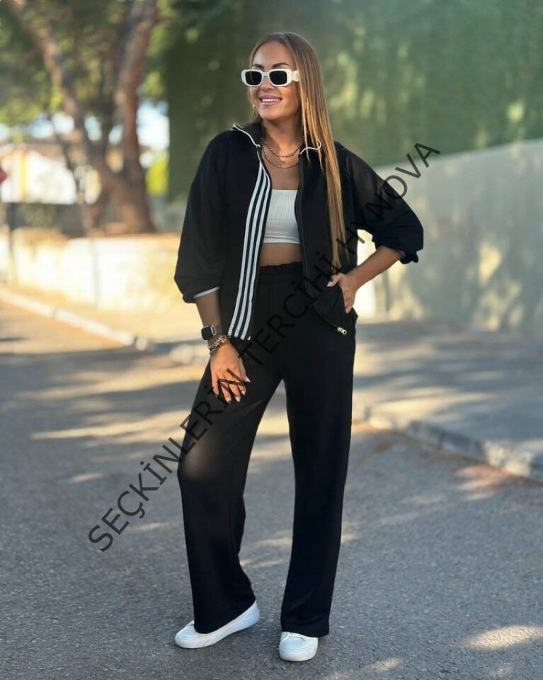 Kadın Uzun Kollu Kapşonlu Onu şerit Detaylı Fermuarlı Viskon Iki Iplik Bluz Ve Pantolon Ikili Takım