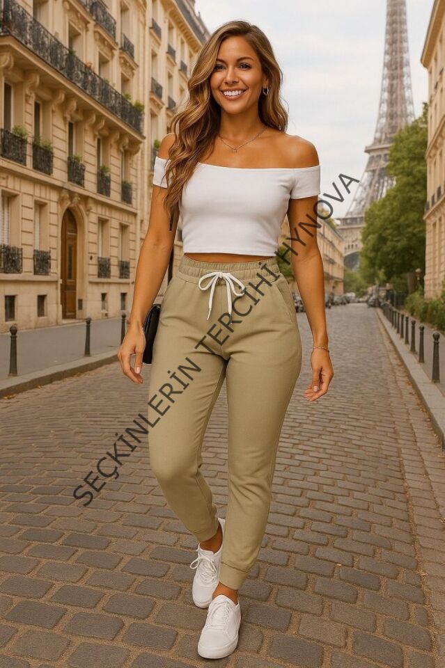 Kadın Kısa Kollu Madonna Yaka Viskon Crop Bluz Cepli Iki Iplik Eşofman Takım