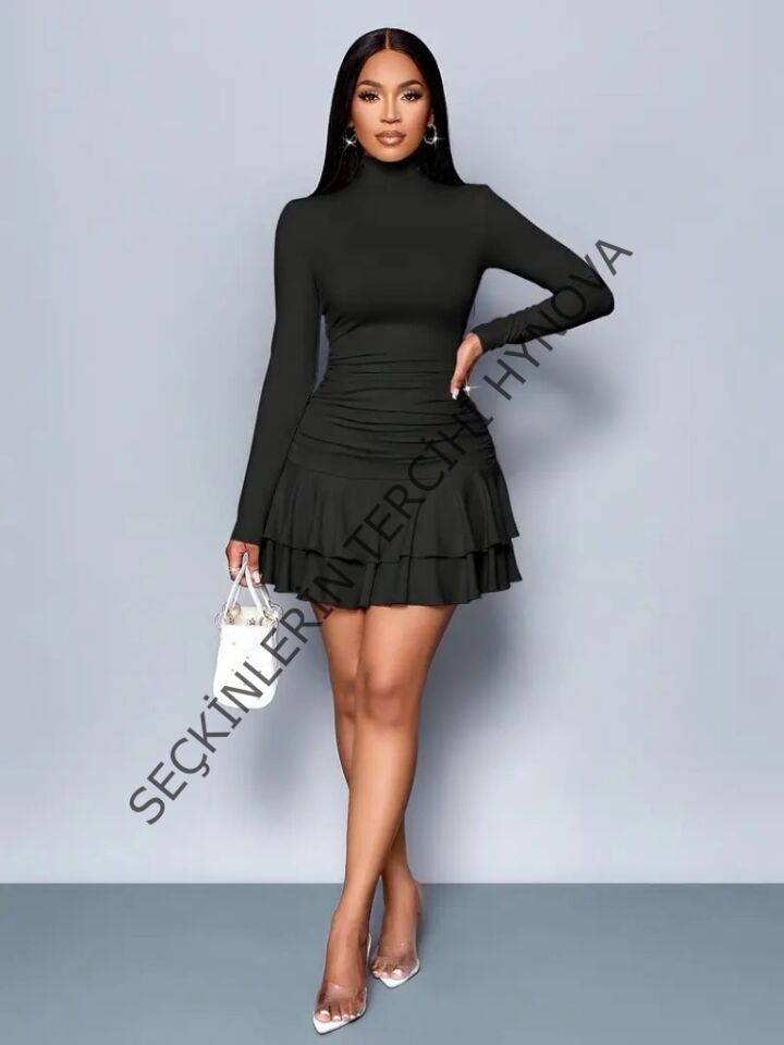 Kadın Uzun Kollu Balıkçı Yaka Mini Fırfırlı Sandy Elbise