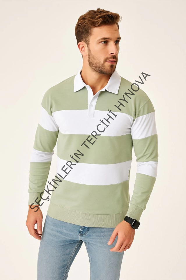 Erkek Polo Yaka Uzun Kollu Çizgili Sweatshirt Trend Rugby Stil - Mint Yeşili