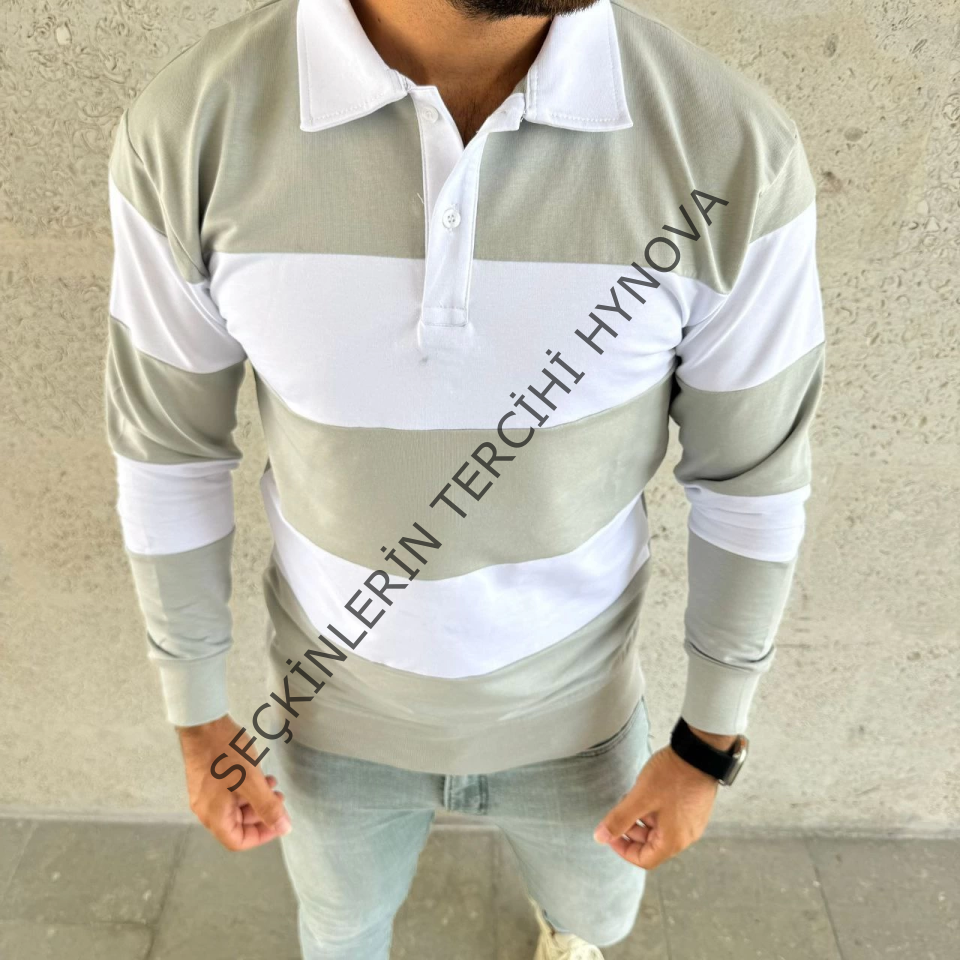 Erkek Polo Yaka Uzun Kollu Çizgili Sweatshirt Trend Rugby Stil - Mint Yeşili