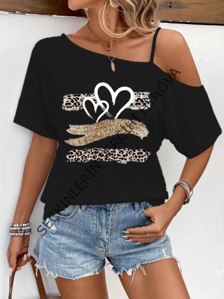 Kadın Tek Omuzu Açık Ip Askılı Baskılı Viskon Bluz