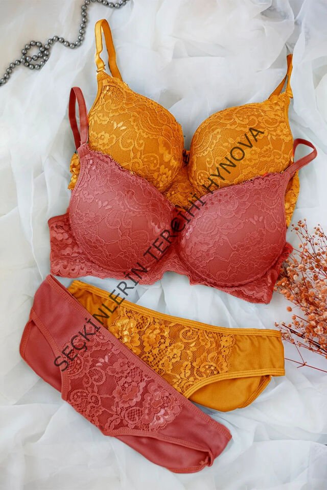 Kadın Hardal Ve Kiremit Rengi Dolgulu Balenli Sütyen Külot 2'li Paket – Modern ve Şık Tasarım