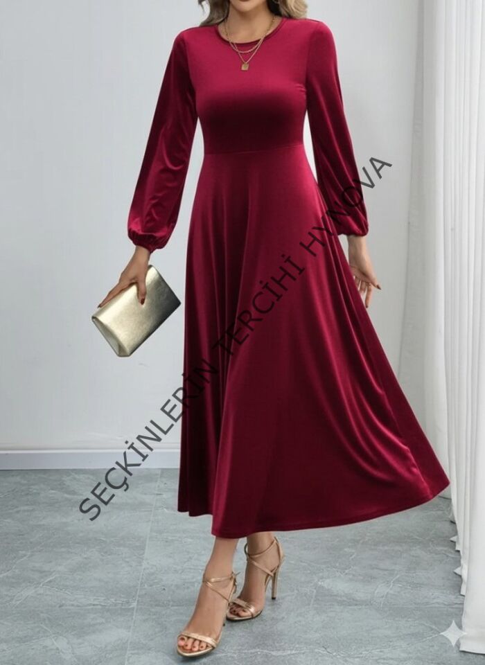 Kadın Uzun Kollu Bisiklet Yaka Midi Kadife Elbise