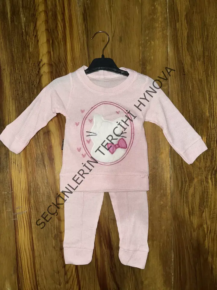 3-12 aylık kedi desen işlemeli takım pembe