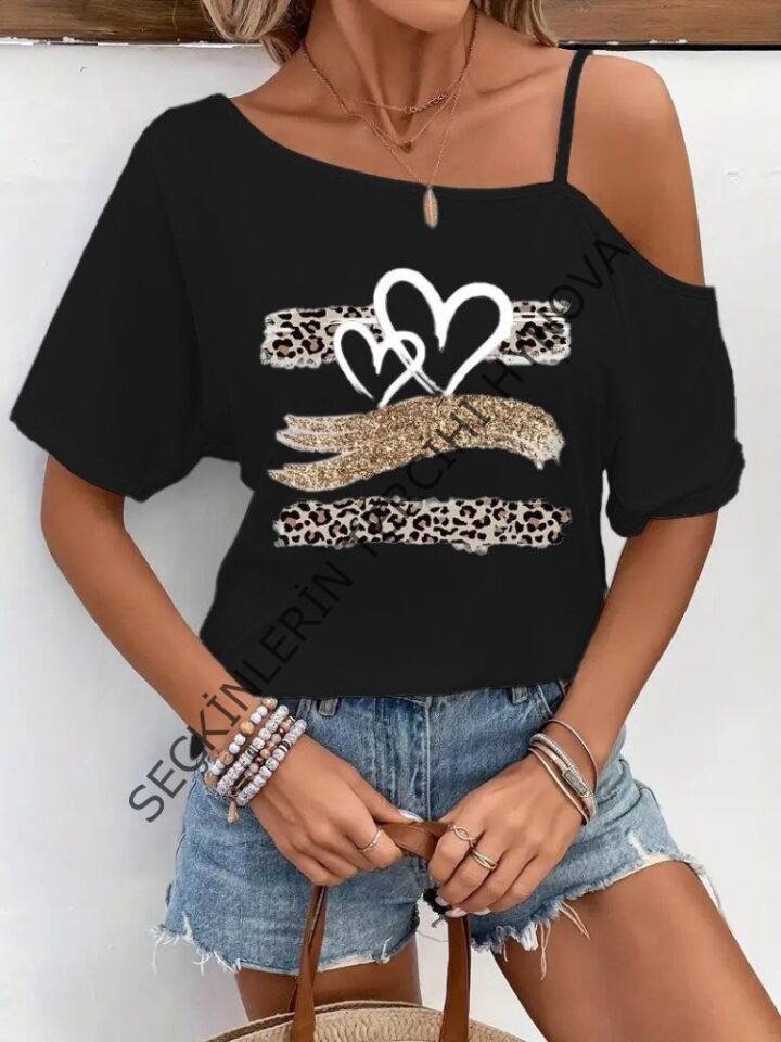 Kadın Tek Omuzu Açık Ip Askılı Baskılı Viskon Bluz