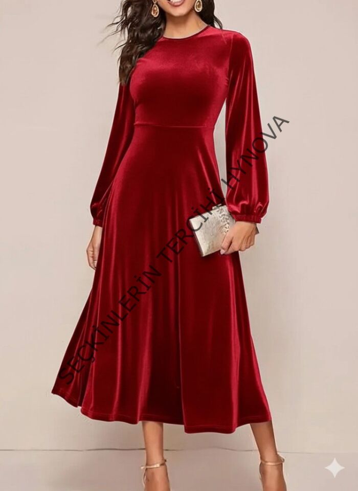 Kadın Uzun Kollu Bisiklet Yaka Midi Kadife Elbise