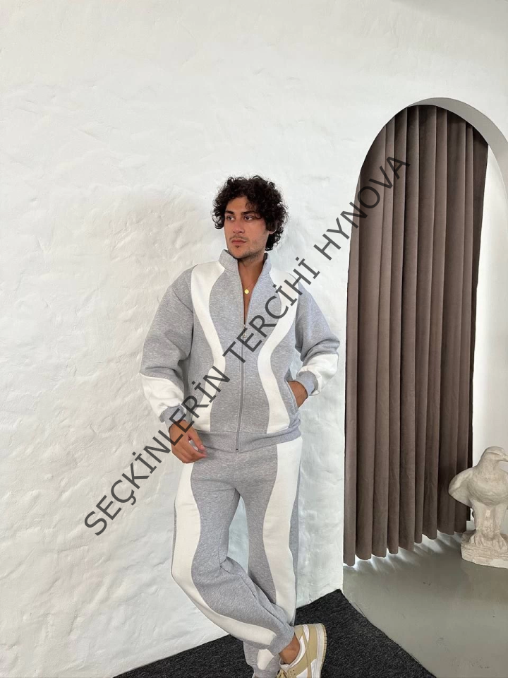 Erkek Premium Parçalı Eşofman Takım - Dik Yaka Fermuarlı Sweatshirt, - Gri