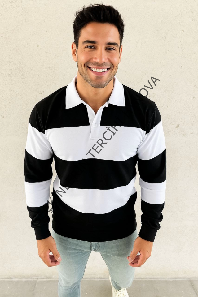 Erkek Polo Yaka Uzun Kollu Çizgili Sweatshirt Trend Rugby Stil - Siyah