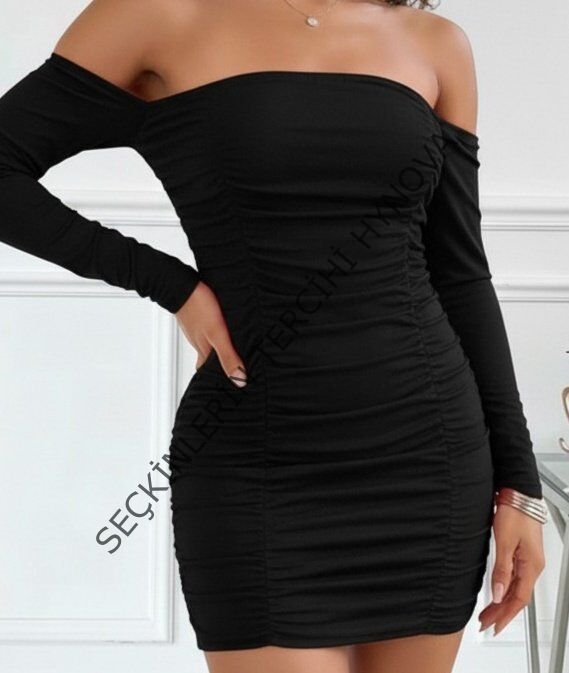 Kadın Uzun Kollu Omuzlardan Açık Takma Kollu Büzgülü Sandy Kısa Elbise