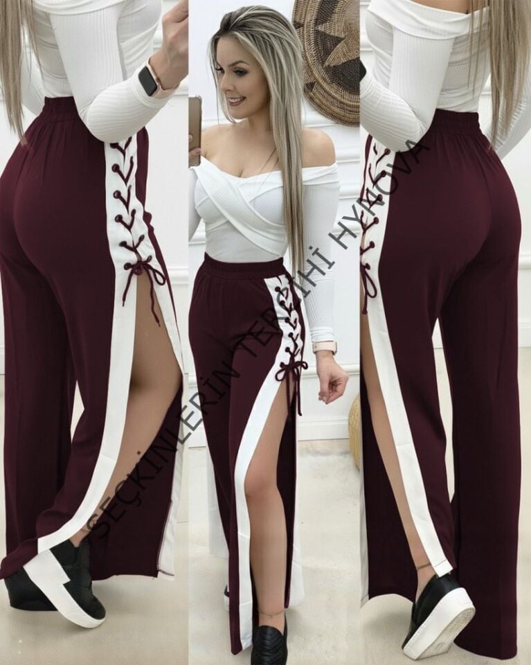 Kadın Yüksek Bel Yandan çapraz Bağcıklı Yırtmaçlı Viskon Iki Iplik Pantolon