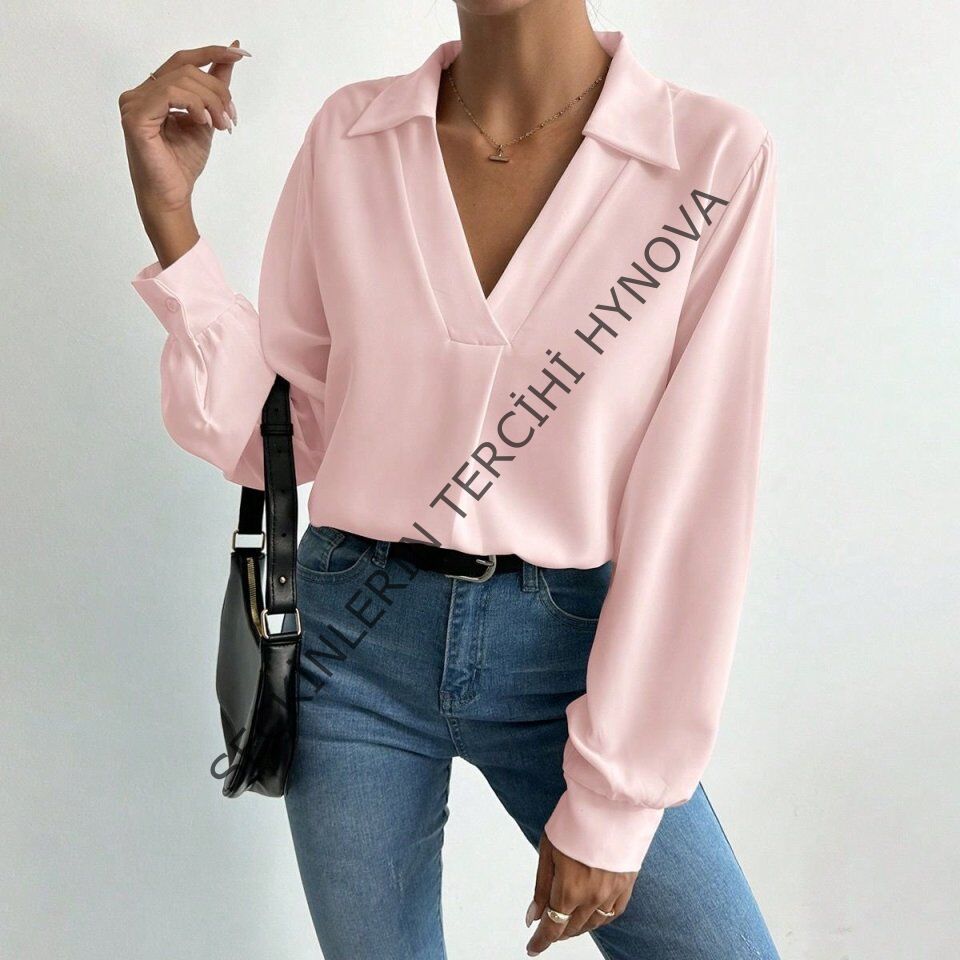 Kadın V Yaka Uzun Kollu Mosskrep Kumaş Bluz