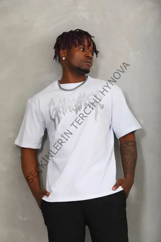 Unisex Oversize Taşlı Bisiklet Yaka T-Shirt - Beyaz