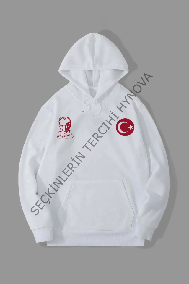 10 Kasıma Özel Üç İplik Kapşonlu Baskılı SweatShirt - Beyaz