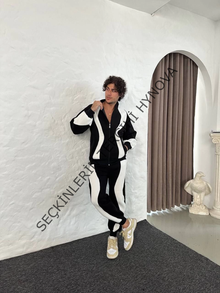 Erkek Premium Parçalı Eşofman Takım - Dik Yaka Fermuarlı Sweatshirt, - Siyah