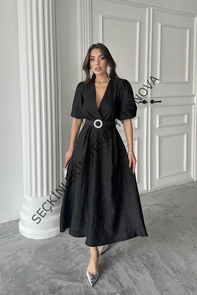 Siyah Işıltılı Kemerli Kruvaze Elbise