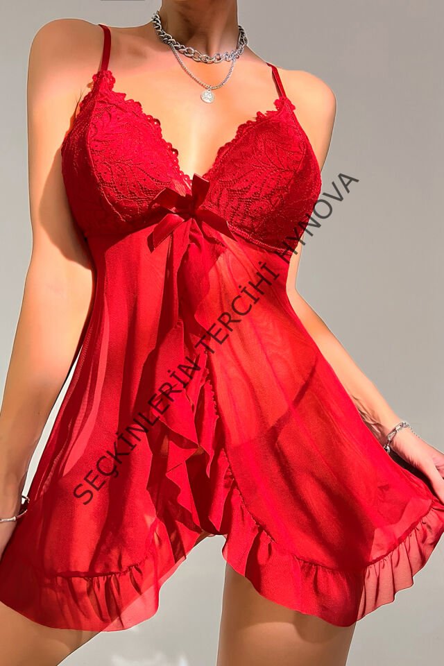 Kadın Kırmızı Dantelli, Fırfırlı Tül ve Fiyonk Detaylı Tangalı Gecelik Takımı – Modern, Konforlu