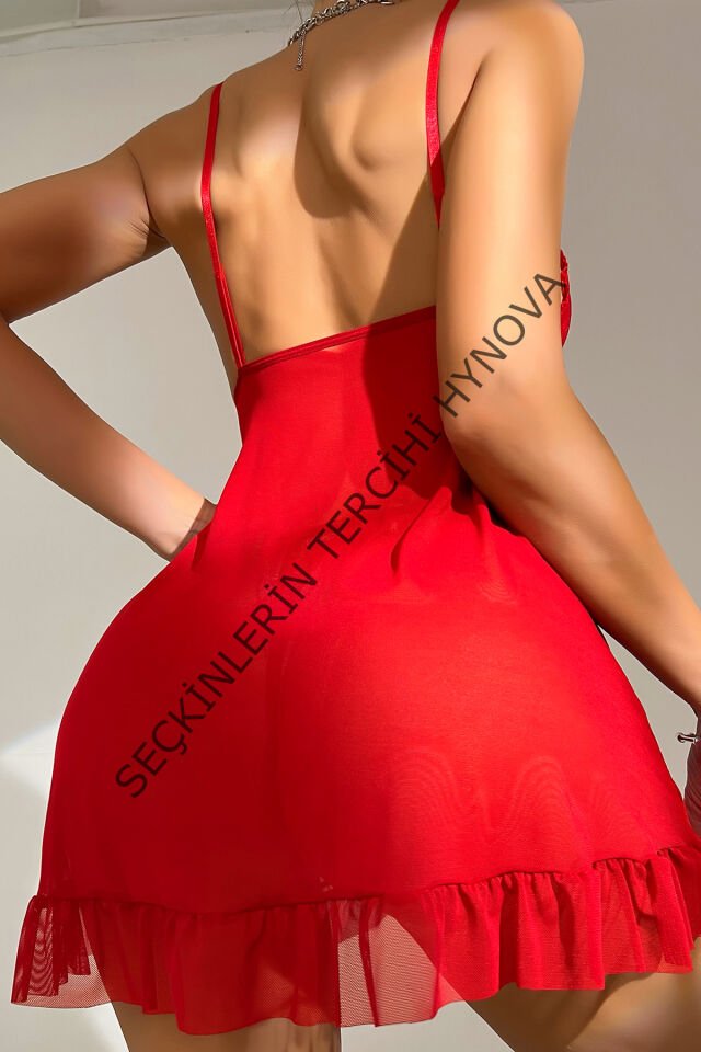 Kadın Kırmızı Dantelli, Fırfırlı Tül ve Fiyonk Detaylı Tangalı Gecelik Takımı – Modern, Konforlu