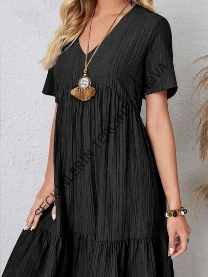 Kadın Kısa Kollu V Yakalı Fırfırlı Bürümcük Elbise
