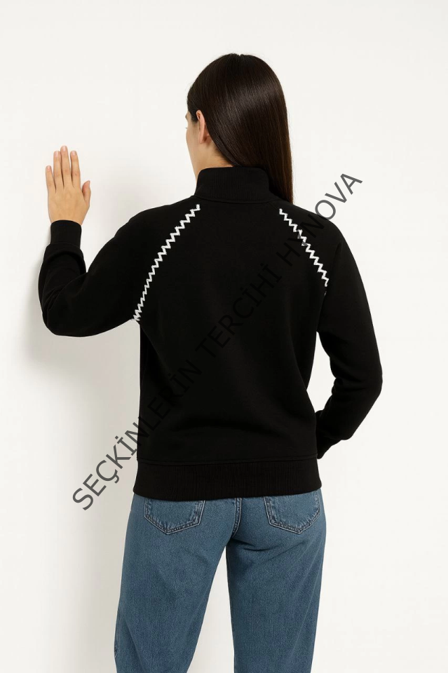 Oversize Dik Yaka Fermuarlı Sweatshirt - Zincir Nakışli Kanguru Cepli, - Siyah