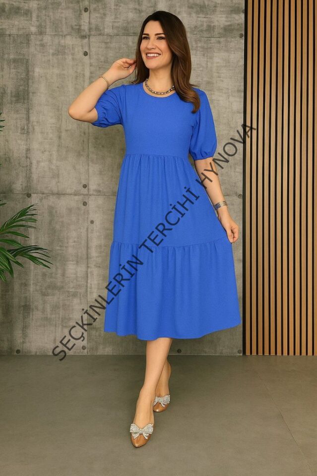 Kadın Kısa Kollu Yakası Açık Katlı Bürümcük Balon Elbise