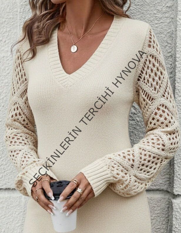 Kadın Uzun Kollu V Yakalı Mini Triko Elbise