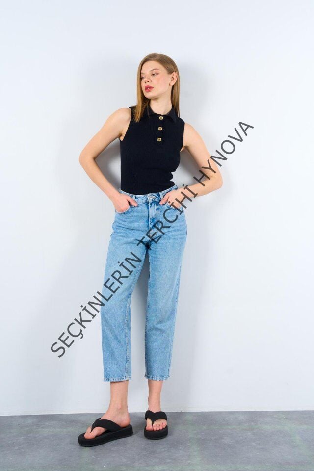 Patlı Düğmeli Triko Atlet - Siyah