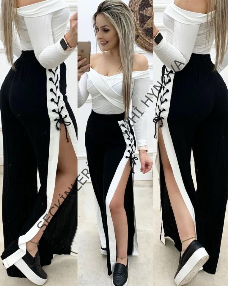 Kadın Yüksek Bel Yandan çapraz Bağcıklı Yırtmaçlı Viskon Iki Iplik Pantolon