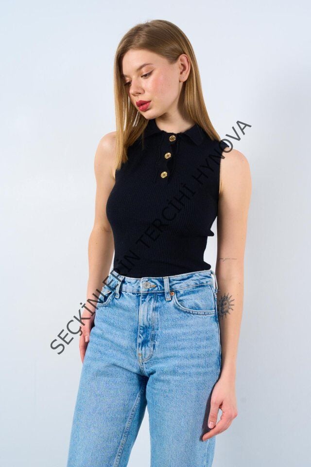 Patlı Düğmeli Triko Atlet - Siyah