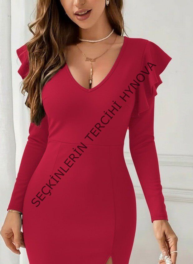 Kadın Uzun Kollu V Yakalı Yandan Yırtmaçlı Midi Ithal Krep Elbise