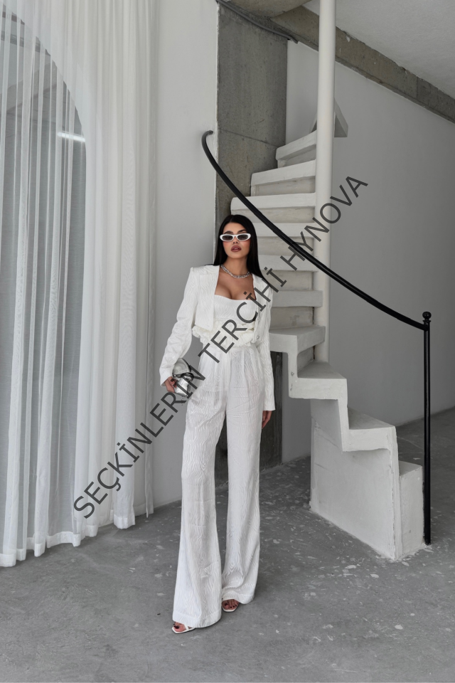 JAKARLI BLUZU TASARIM DETAYLI CEKET-PANTOLON-BLUZ 3 LÜ TAKIM - Beyaz